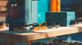 A modern display table featuring sunglasses and accessories in a bright retail store. digital Royalty Free Stock Photo
