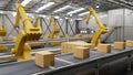 A modern distribution warehouse with modern robot arms and cardboard boxes on a conveyor belt