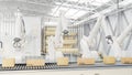 A modern distribution warehouse with modern robot arms and cardboard boxes on a conveyor belt Royalty Free Stock Photo