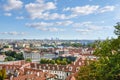 The modern district with skyscrapers is seen above Old and Lesser town Prague, Czechia Royalty Free Stock Photo