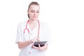 Modern doctor or medic woman using wireless tablet pc Royalty Free Stock Photo