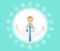 Modern doctor in white coat and stethoscope giving advice about vaccination. Cartoon vector illustration