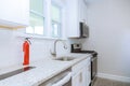 Modern domestic cabinets with new appliances and sink in kitchen Royalty Free Stock Photo