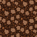 Modern Doodle Daisy Seamless Pattern. Hand Drawn Scribble Flower Repeat. Ditsy Blossom Background. Dark Brown Vintage