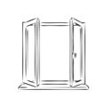 Modern double pvc sash on light inside wall backdrop. window , vector sketch illustration Royalty Free Stock Photo