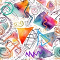 Modern drawing Graffiti style colorful hand drawn dirty doodle lines and geometric shapes seamless pattern with doodles, triangles Royalty Free Stock Photo