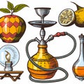 Modern drawing lounge bar or smoke shop elements, arabic tobacco smoking equipment Royalty Free Stock Photo