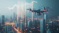 Drone flying over smart city analyzing market trends with futuristic hud