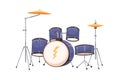 Modern drum kit or set. Percussion music instrument with metal hi-hats, cymbals and toms. Realistic flat cartoon vector Royalty Free Stock Photo