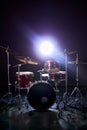 Modern drum set instruments in dark studio Royalty Free Stock Photo