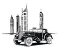 Modern Dubai Buildings and Vintage Car Vector Illustration Royalty Free Stock Photo