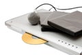 Modern dvd player with microphone and disks Royalty Free Stock Photo