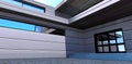 Modern dwelling porch design. Glass swing door . Wide concrete steps. Balcony above the entrance. 3d rendering
