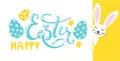 Modern easter banner. Happy Easter wish, decorated eggs, cute bunny. Hand written text. Simple cartoon vector