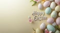 A modern Easter card design, surrounded by pastel-colored eggs and floral patterns on a soft yellow background Royalty Free Stock Photo