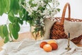 Modern Easter eggs  on rustic table with spring flowers, candle,  basket. Stylish red and yellow Easter eggs painted in natural Royalty Free Stock Photo