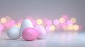 Modern Easter Greeting Card Background: Pastel and Gold Eggs on White Surface with Bokeh Lights Royalty Free Stock Photo