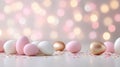 Modern Easter Greeting Card Background: Pastel and Gold Eggs on White Surface with Bokeh Lights Royalty Free Stock Photo