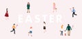 Modern Easter web banner. Boys with whip chasing the girls with colorful Easter eggs. Family, people walking. European