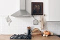 Modern eclectic kitchen interior with pumpkins. White brick wall with metro tiles, peg rails and oil painting. Wooden Royalty Free Stock Photo