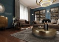 A modern eclectic living room in dark colors, with a soft leather sofa and an armchair. Black bookcase built-in wardrobe Royalty Free Stock Photo