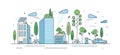 Modern eco friendly cityscape with architecture and natural park zone vector illustration in line art style. City