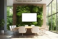 Modern Eco-Friendly meeting room with blank screen with Copy Space, greenery, and natural lighting.