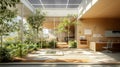 Modern Eco-Friendly Office Interior with Atrium Garden and Sunlight Royalty Free Stock Photo