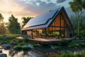 Modern eco friendly passive house with solar panels on the gable roof, summer time