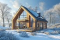 Modern eco friendly passive house with solar panels on the gable roof, in winter landscape