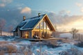 Modern eco friendly passive house with solar panels on the gable roof, in winter landscape