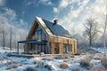 Modern eco friendly passive house with solar panels on the gable roof, in winter landscape