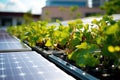 Modern eco friendly passive house with solar panels on rooftop. Solar panels and urban community garden on roof of Royalty Free Stock Photo