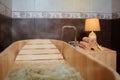 Modern eco-friendly wooden bathroom for hydro massage, relaxation and relaxation Royalty Free Stock Photo