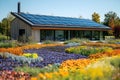 A modern eco-house with solar panels surrounded by vibrant blooming flower fields Royalty Free Stock Photo