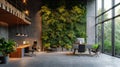 Modern eco office interior with a wall of green plants. AI Generative Royalty Free Stock Photo