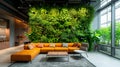 Modern eco office interior with a wall of green plants. AI Generative Royalty Free Stock Photo