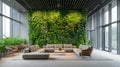 Modern eco office interior with a wall of green plants. AI Generative Royalty Free Stock Photo