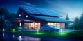 Modern eco private house with solar energy panels and smart home technology. Electric car near charging station Royalty Free Stock Photo