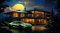 Modern eco private house with solar energy panels and smart home technology. Electric car near charging station Royalty Free Stock Photo