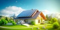 Modern eco private house with solar energy panels and smart home technology. Electric car near charging station. Renewable energy Royalty Free Stock Photo