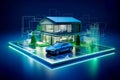 Modern eco private house with solar energy panels and smart home technology. Electric car near charging station Royalty Free Stock Photo