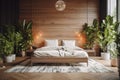 modern eco style bedroom interior with wood paneling and green plants Royalty Free Stock Photo