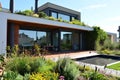 Modern eco-style cottage with vertical garden. Panoramic windows, spacious terrace, landscape design. Contemporary Royalty Free Stock Photo