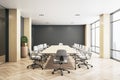 Modern eco style meeting room with big wooden table, white chairs around, parquet and big windows with city view Royalty Free Stock Photo