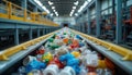 Modern eco waste processing plant shows advanced recycling machinery. Sorting recyclables on conveyor belt. Eco-friendly tech for Royalty Free Stock Photo