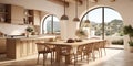 Modern ?editerranean interior design of kitchen with arched ceiling and windows, wooden dining table Royalty Free Stock Photo