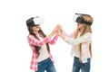 Modern education. Alternative education technologies. Virtual education. Kids wear hmd explore virtual or augmented Royalty Free Stock Photo