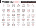 Modern education flat thin red black line icons vector illustration set with linear educational technology symbols for Royalty Free Stock Photo