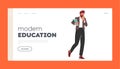 Modern Education Landing Page Template. Male Teacher Character Holding Books While Eating On The Go. Busy School Tutor